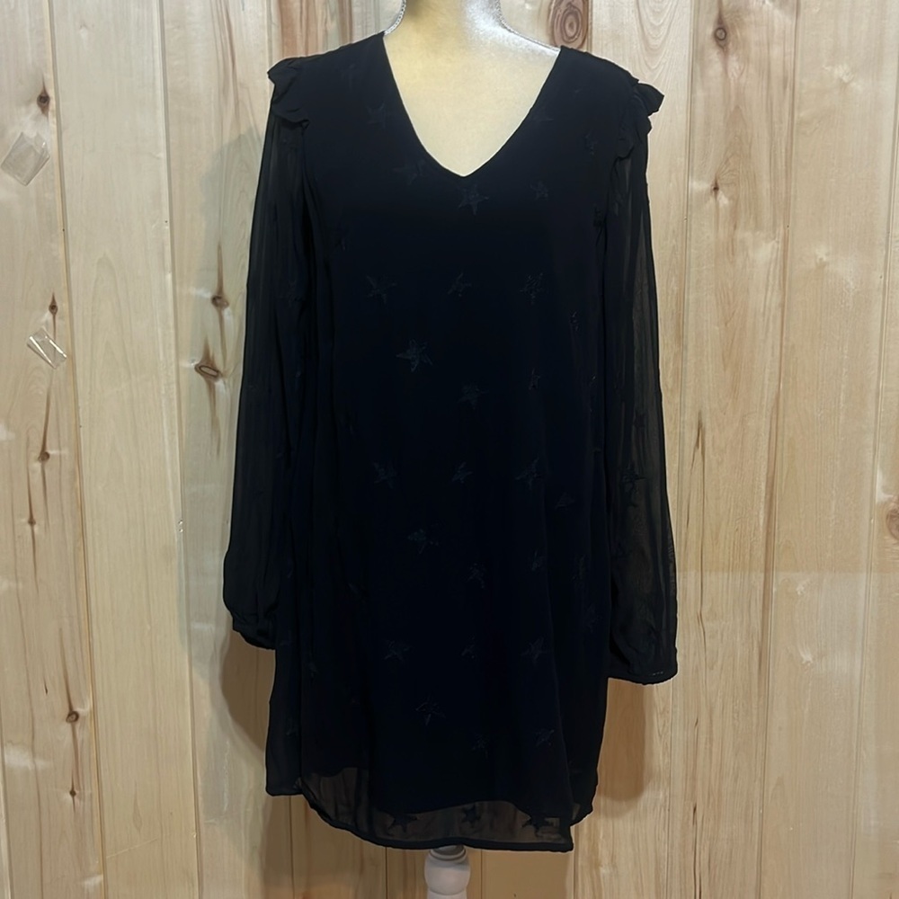 Michael Stars Black Long Sleeve‎ Sheer Star Embroidered Shift Dress Size M